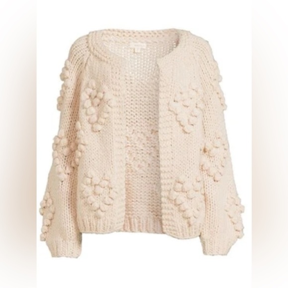 Anthropologie Style Chunky Pom Pom Heart Cardigan Sweater Puffs Size M Cream - Picture 2 of 11